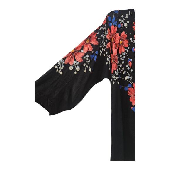 C.D. Daniels Womens 3X Sweater Flack Red Floral 3/4 Sleeves Rhinestones - Picture 4 of 6